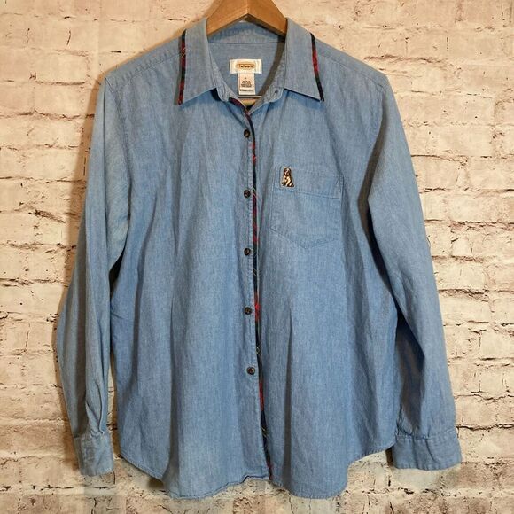 Vintage Talbots Top Womens Large Chambray Blue Button Up Embroidered Dog Cotton - Picture 1 of 12